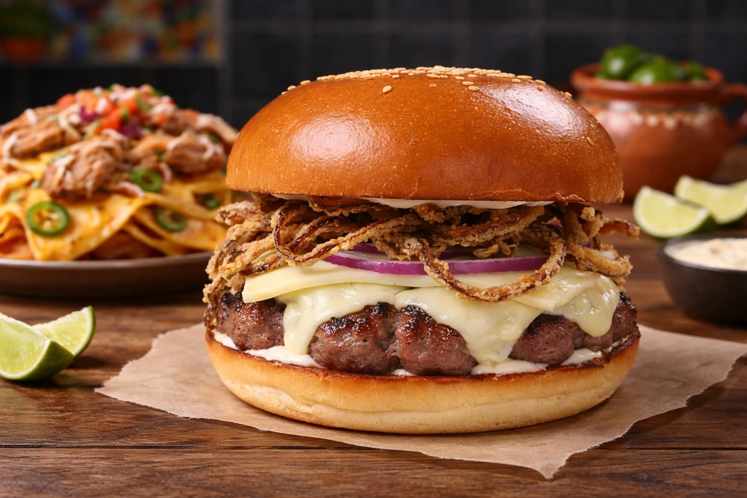 Beef burger with melted cheese and crispy onion, nachos in the background