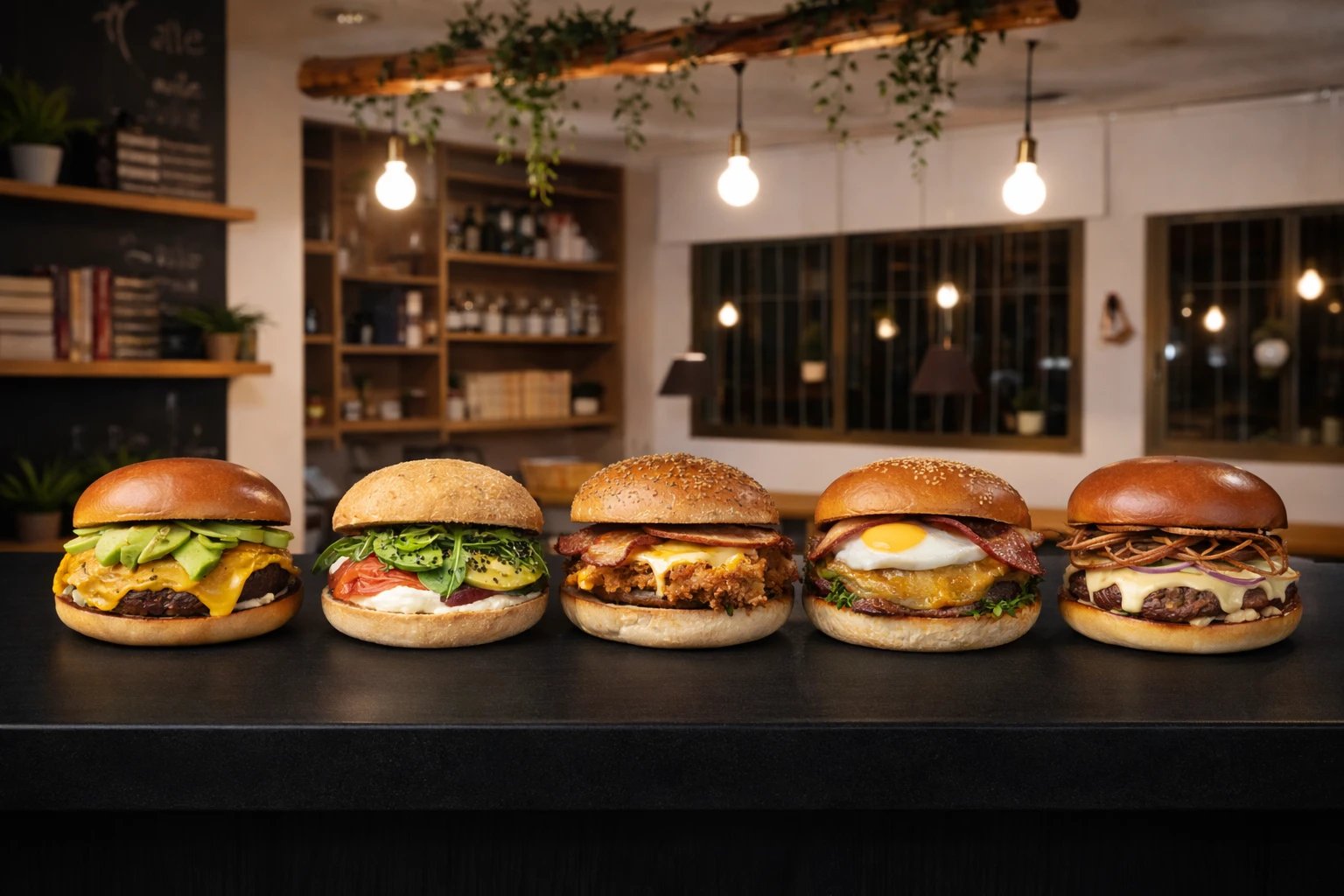 Five burgers lined up on the restaurant counter